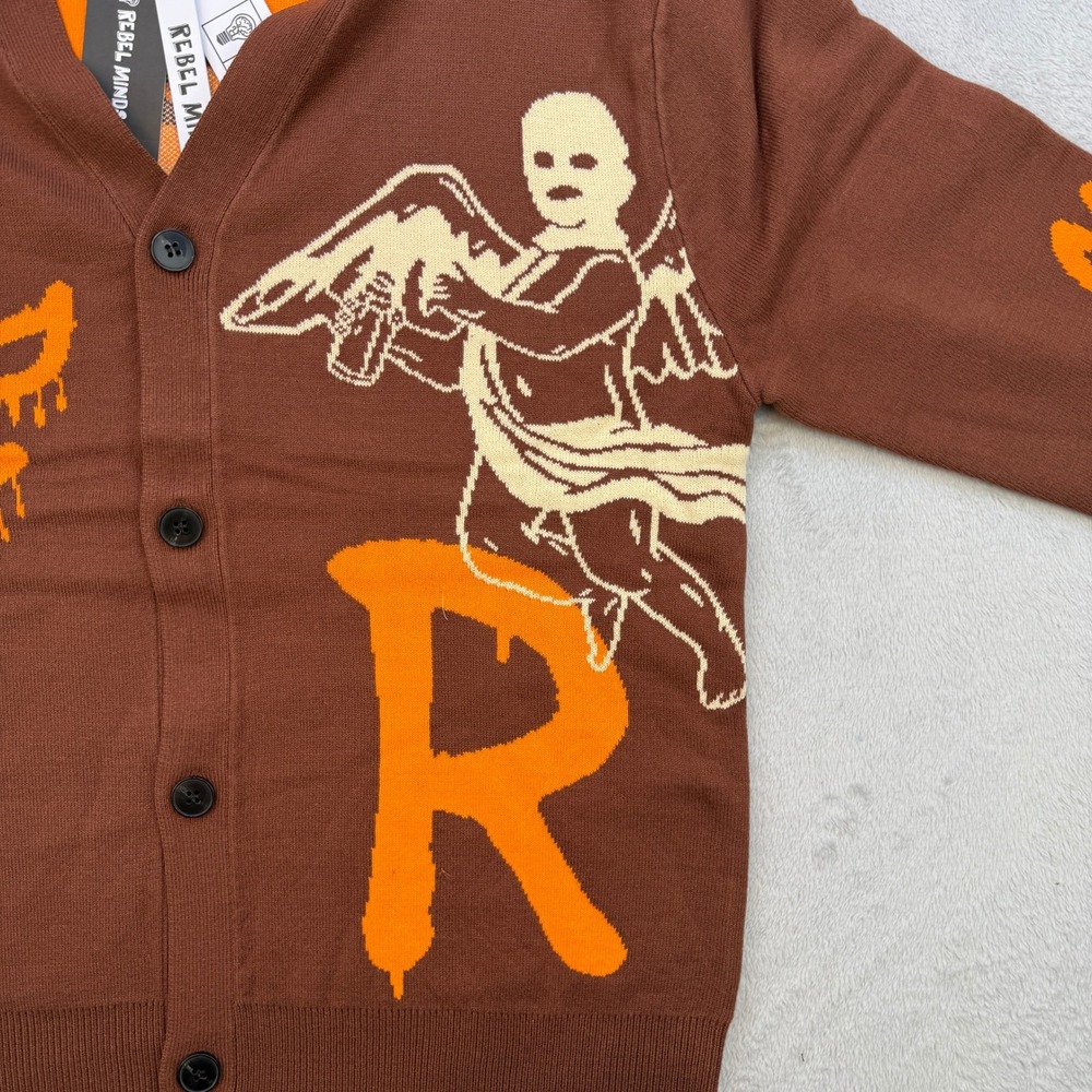 Rebel Minds Cardigan Mens Small Brown Orange Graffiti Cherub Angel Streetwear - Picture 2 of 7